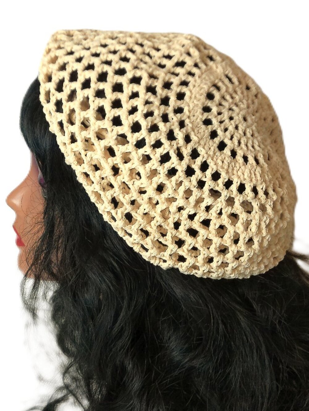 1970s - 1980s Vintage Cream Crochet Lace Beret Handmade Cotton Summer Hat
